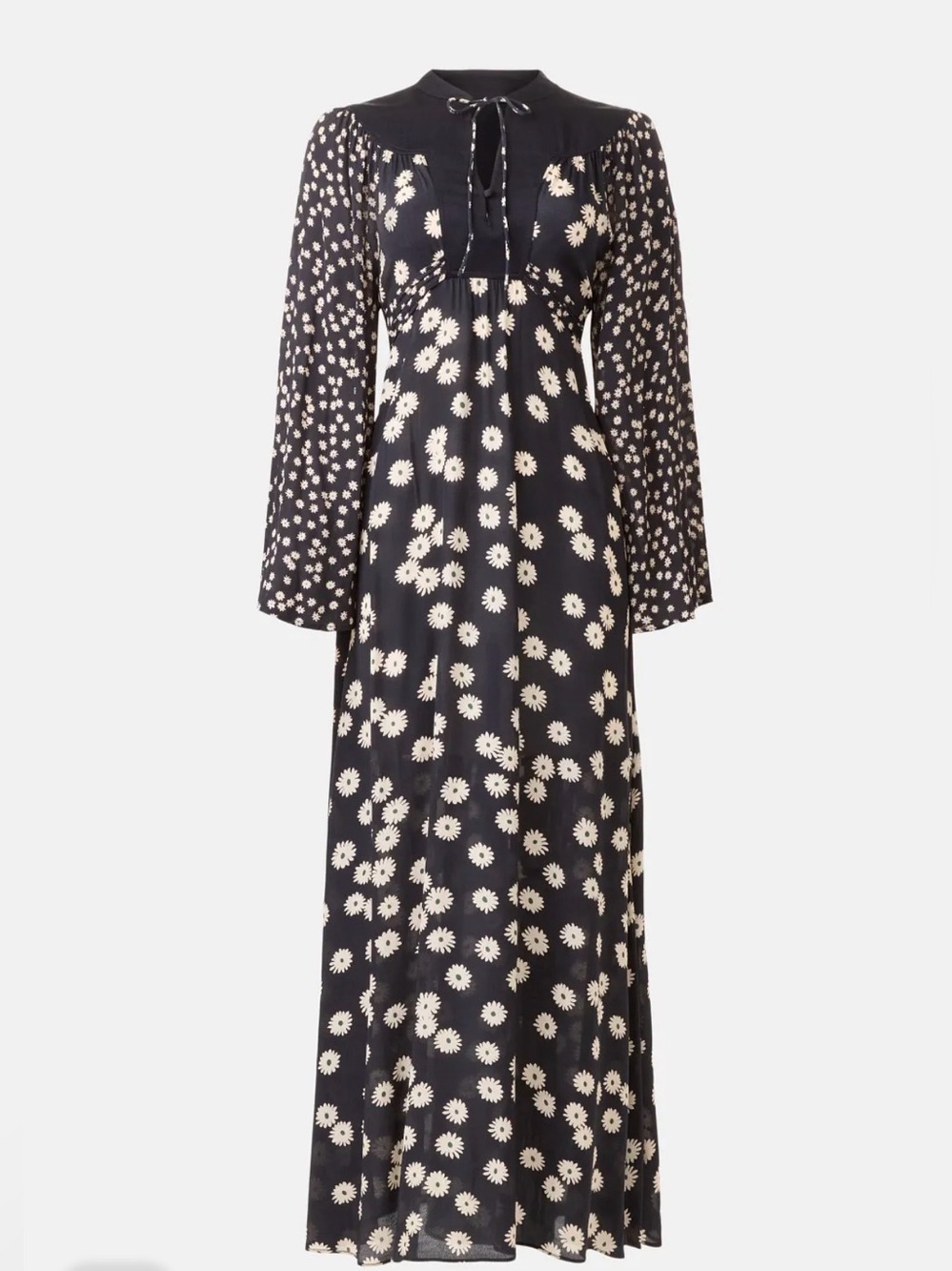 RIXO Anela Tie Neck Dress Black & Cream Floral Maxi Dress with Tie Neck